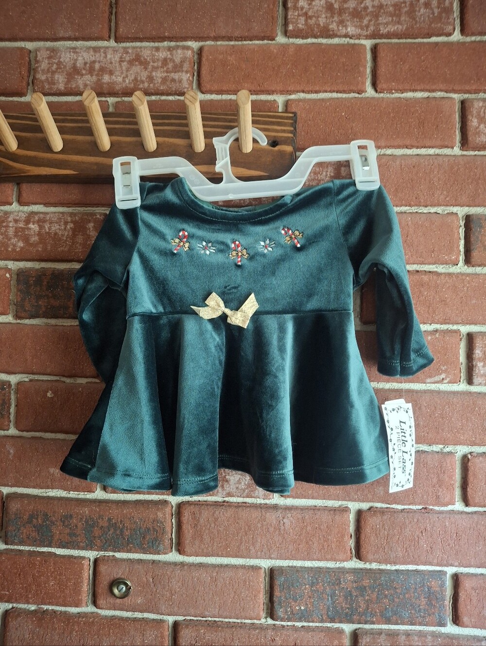 Little Lass Dark Green Velvet Two-Piece Set with Gold Accent